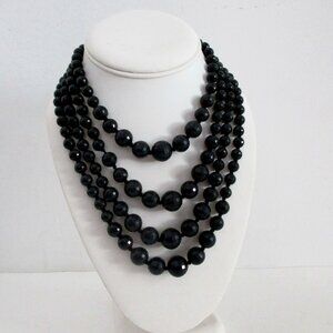 Vintage 4 Strand Hand Knotted Black Bead Necklace 1960s